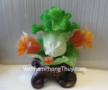Bắp cải trên lá sen, đế gỗ- Hài hòa sanh tài E163