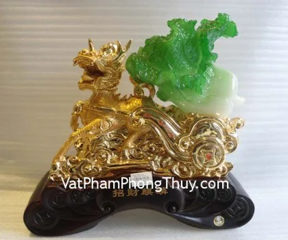 Kỳ lân kéo bắp cải, đế gỗ- Kỳ lân chiêu tài E164