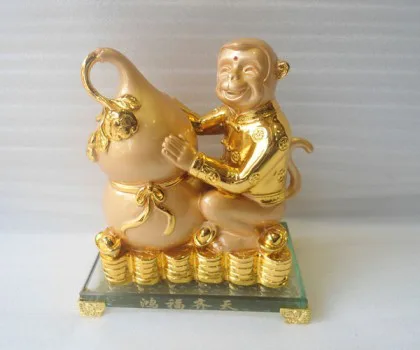 Khỉ thần tài ôm đào đế thủy tinh - kim hầu hiển thị FK051M