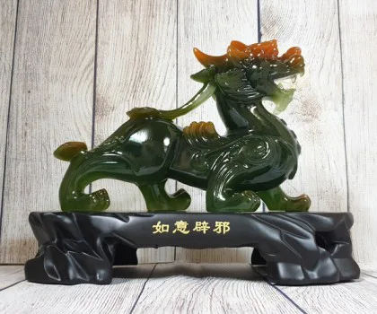 Cặp tỳ hưu xanh ngọc đa sắc sừng như ý đế gỗ - Như Ý Bích Tà/ Nạp Phước Bích Tà LN055