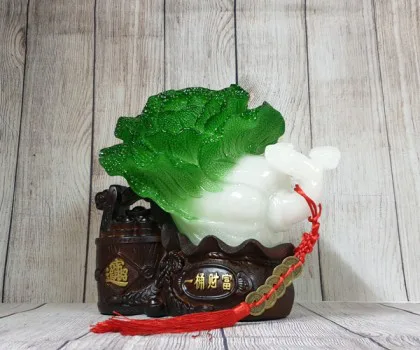 Bắp cải có xâu tiền trên thùng nguyên bảo đế gỗ - Chiêu Tài Tấn Bảo/ Một Thùng Tài Phú LN079