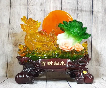 Thần rùa đầu rồng vàng bóng mai điểm hồng ngọc trên đống tiền vàng đế gỗ - Chiêu Tài Kim Quy FLN162