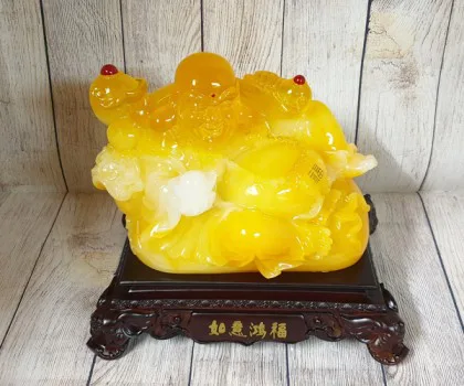 Phật di lạc cam vàng ngọc vác như ý có hồng châu trên túi tài lộc khủng - Như Ý Hồng Phước LN187