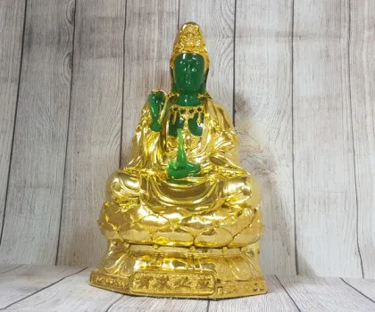 Phật quan âm xanh ngọc hoàng phục vàng bóng trên đài sen vàng lớn LN194
